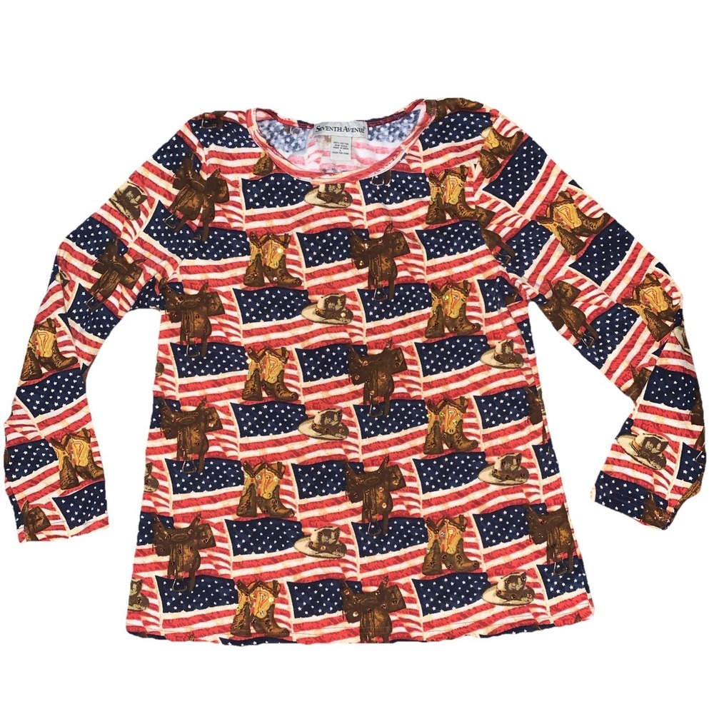 VTG Seventh Avenue‎ Womens L Long Sleeve Top American Flag Cowgirl Rodeo Western